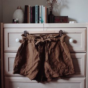 Olive green high waisted paper bag shorts